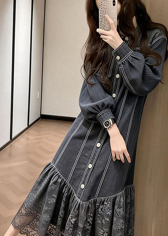 Pinstripe Button Front Puff Sleeve Lace Tier Hem Midi Dress 2