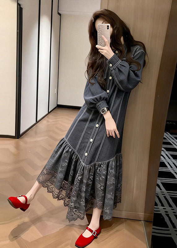 Pinstripe Button Front Puff Sleeve Lace Tier Hem Midi Dress 5