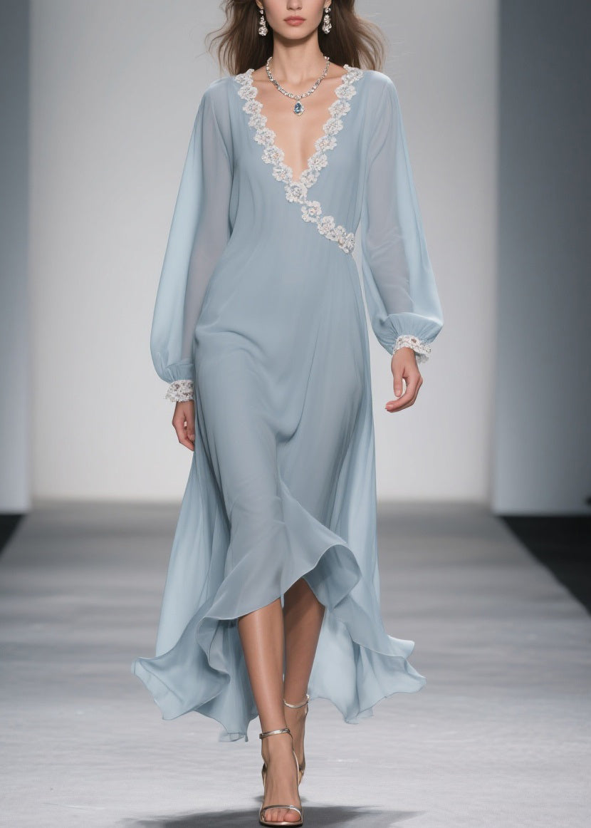 Wrap V-Neck Lace Trim Balloon Sleeve High-Low Ruffle Hem Chiffon Maxi Dress