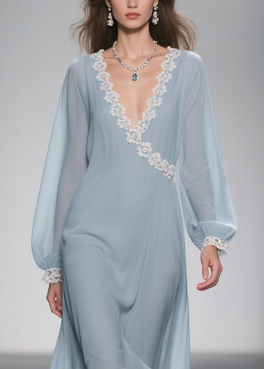 Wrap V-Neck Lace Trim Balloon Sleeve High-Low Ruffle Hem Chiffon Maxi Dress 2