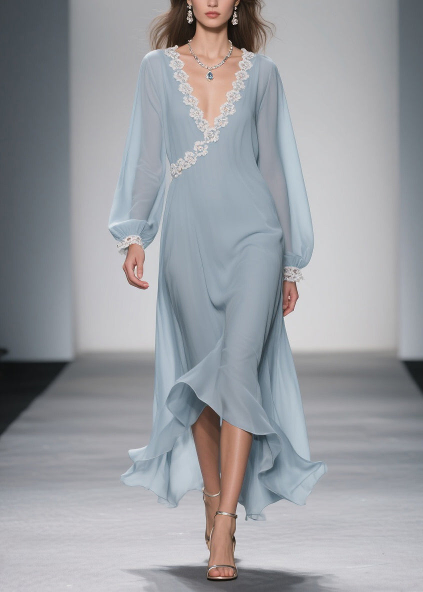 Wrap V-Neck Lace Trim Balloon Sleeve High-Low Ruffle Hem Chiffon Maxi Dress 3
