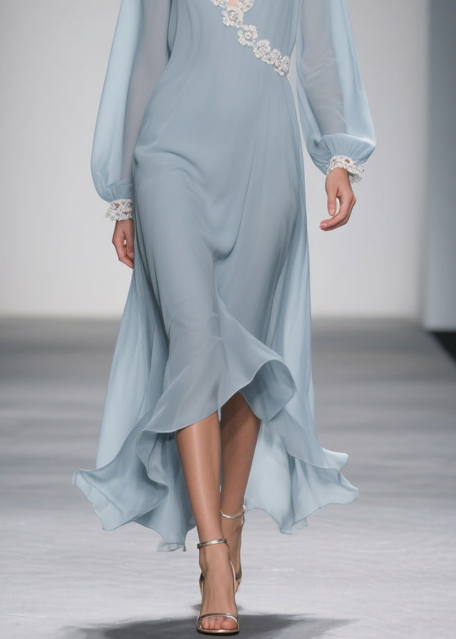 Wrap V-Neck Lace Trim Balloon Sleeve High-Low Ruffle Hem Chiffon Maxi Dress 4