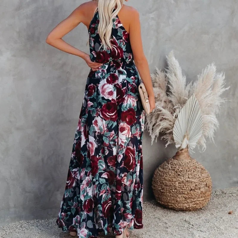 Black Floral Halter High Slit Maxi Dress