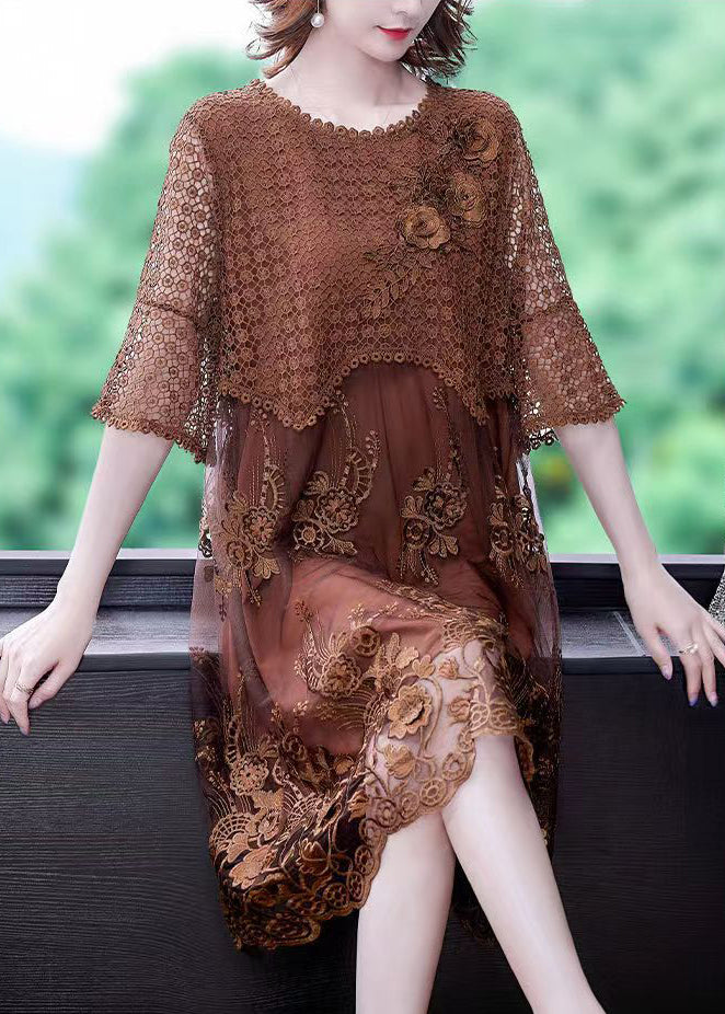 Round Neck Embroidered Lace Half Sleeve Vacation Midi Dress