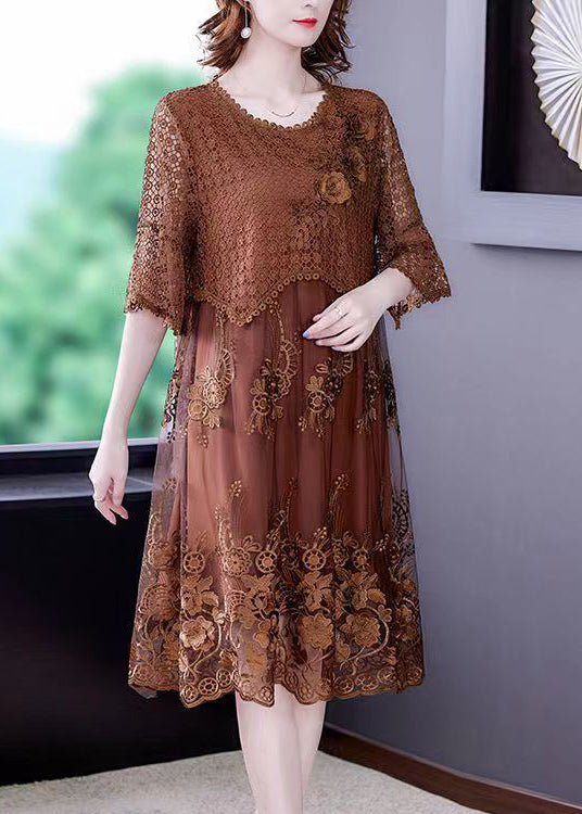 Round Neck Embroidered Lace Half Sleeve Vacation Midi Dress 3