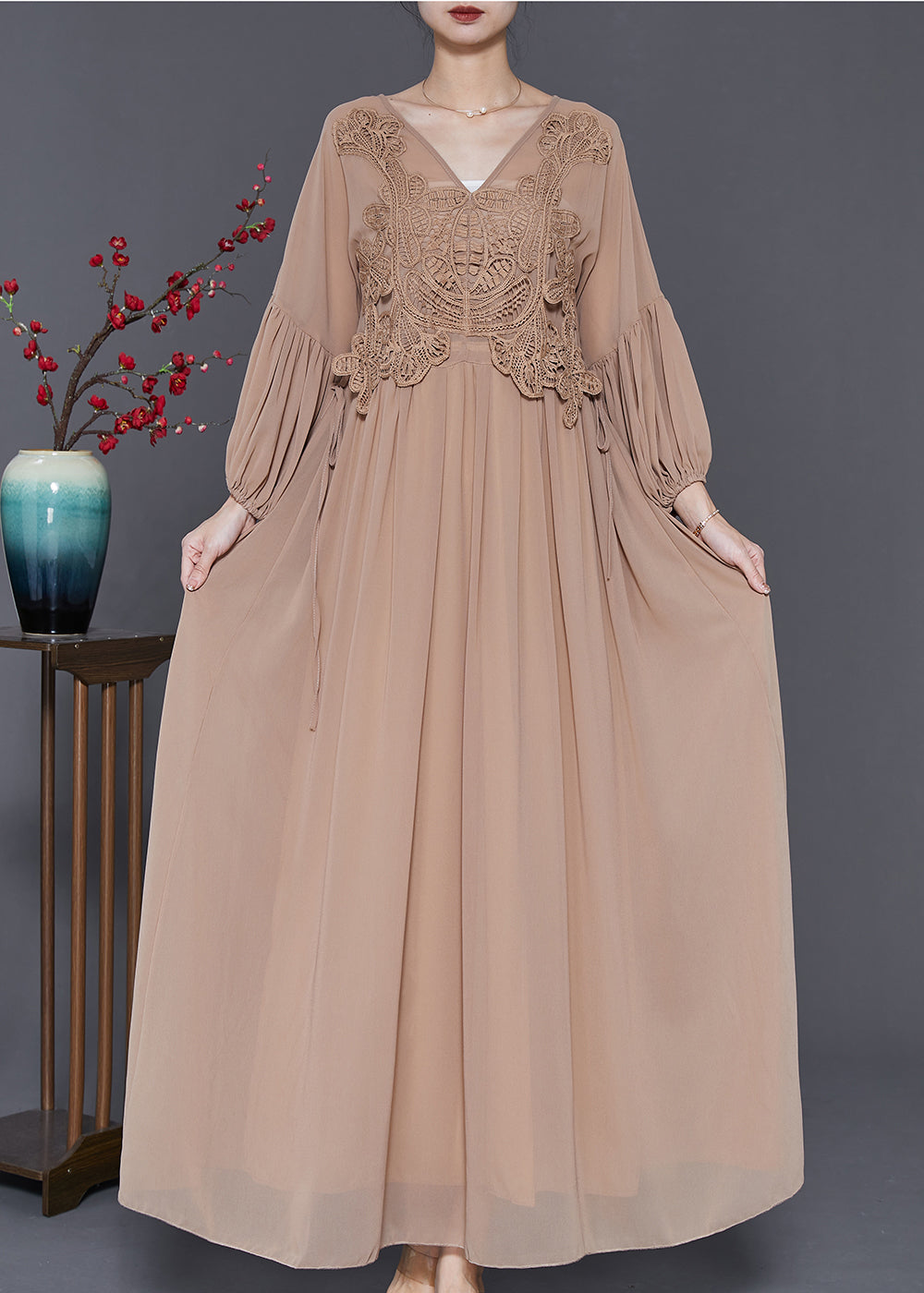 V-Neck Lace Appliqué Bishop Sleeve Empire Waist Chiffon Gown