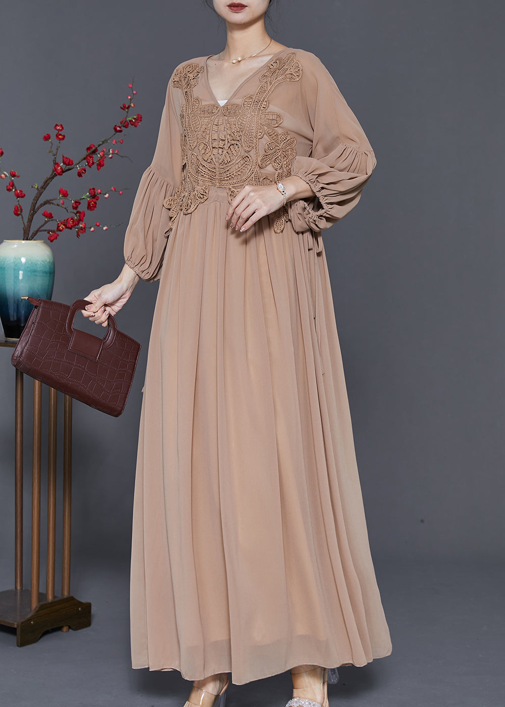 V-Neck Lace Appliqué Bishop Sleeve Empire Waist Chiffon Gown 2