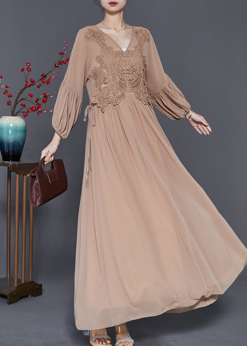 V-Neck Lace Appliqué Bishop Sleeve Empire Waist Chiffon Gown 3