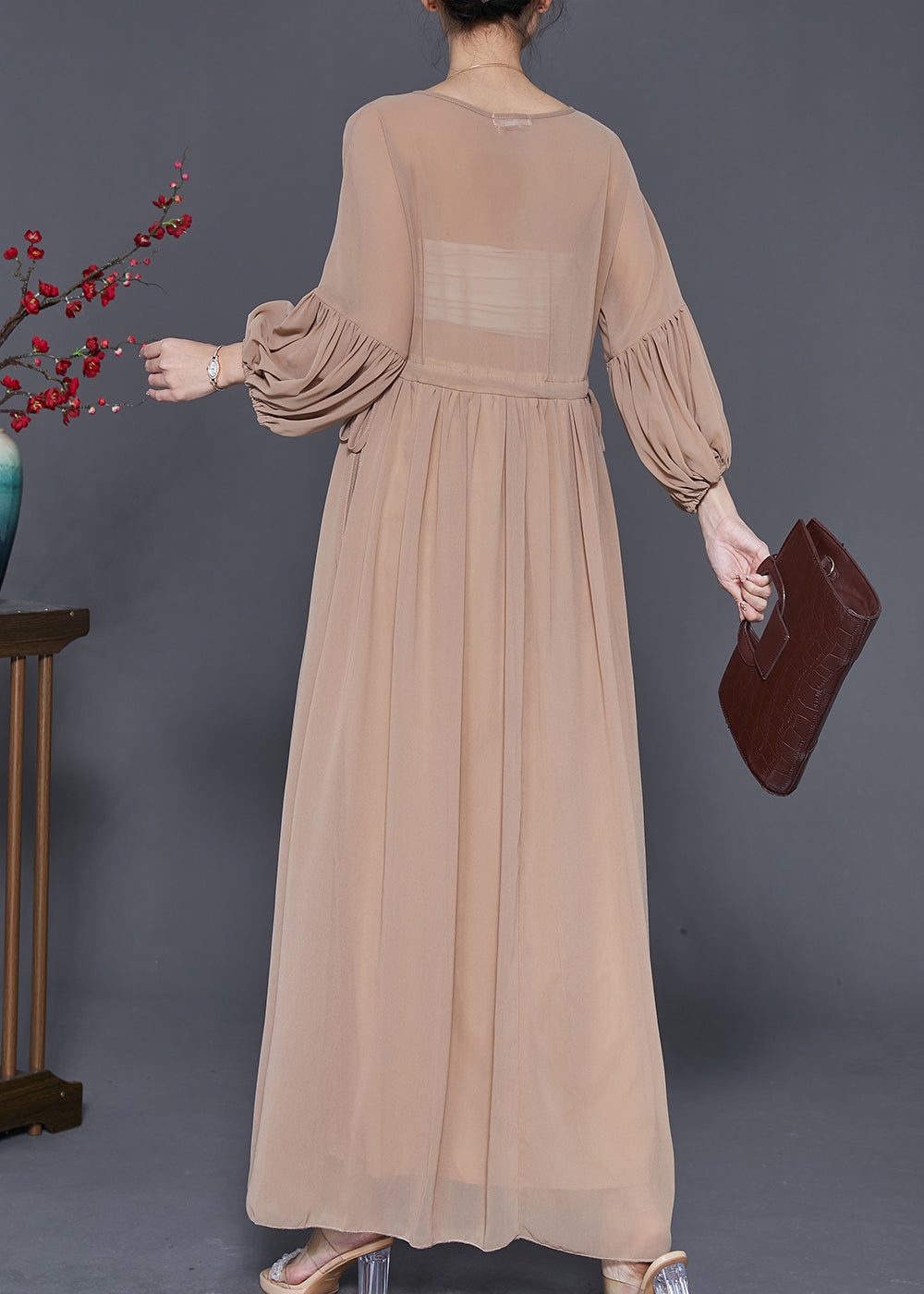 V-Neck Lace Appliqué Bishop Sleeve Empire Waist Chiffon Gown 4