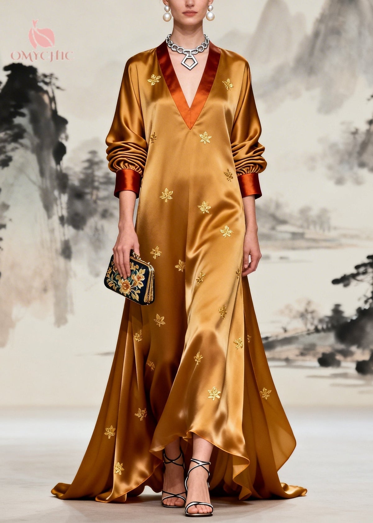 Deep V-Neck Contrast Cuff Puff Sleeve Embroidered Satin Maxi Gown