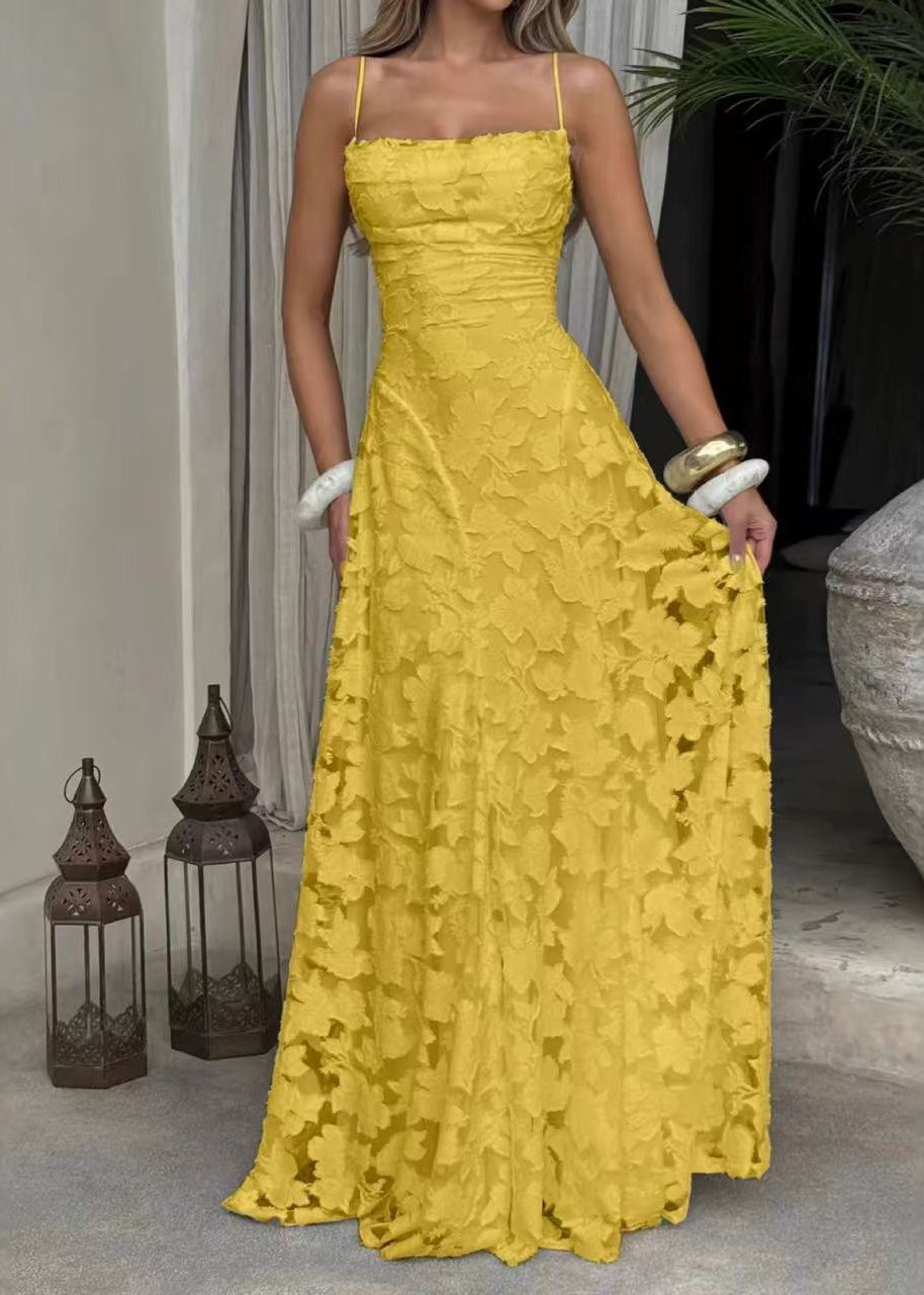 Square Neck Ruched Bust Floral Texture Pleated A Line Maxi Gown 2