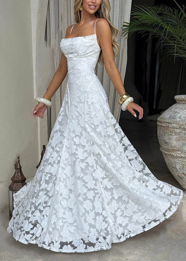 Square Neck Ruched Bust Floral Texture Pleated A Line Maxi Gown 4
