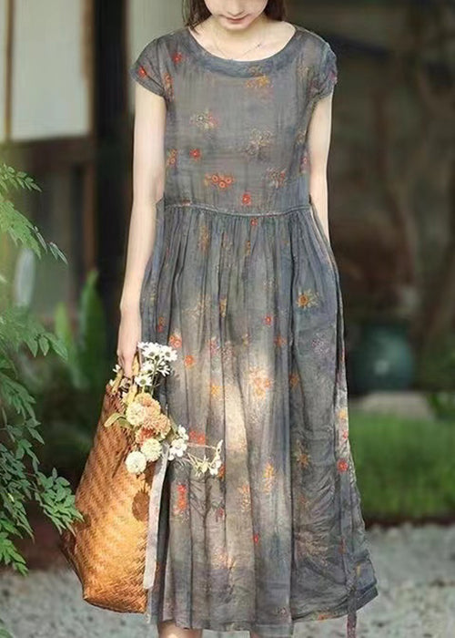 Round Neck Lace Up Pocket Print Linen Midi Dress