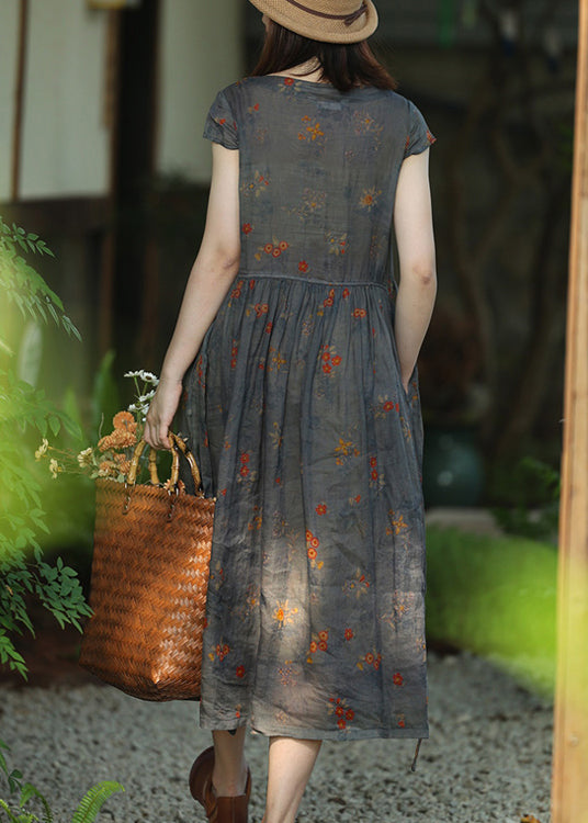 Round Neck Lace Up Pocket Print Linen Midi Dress 5