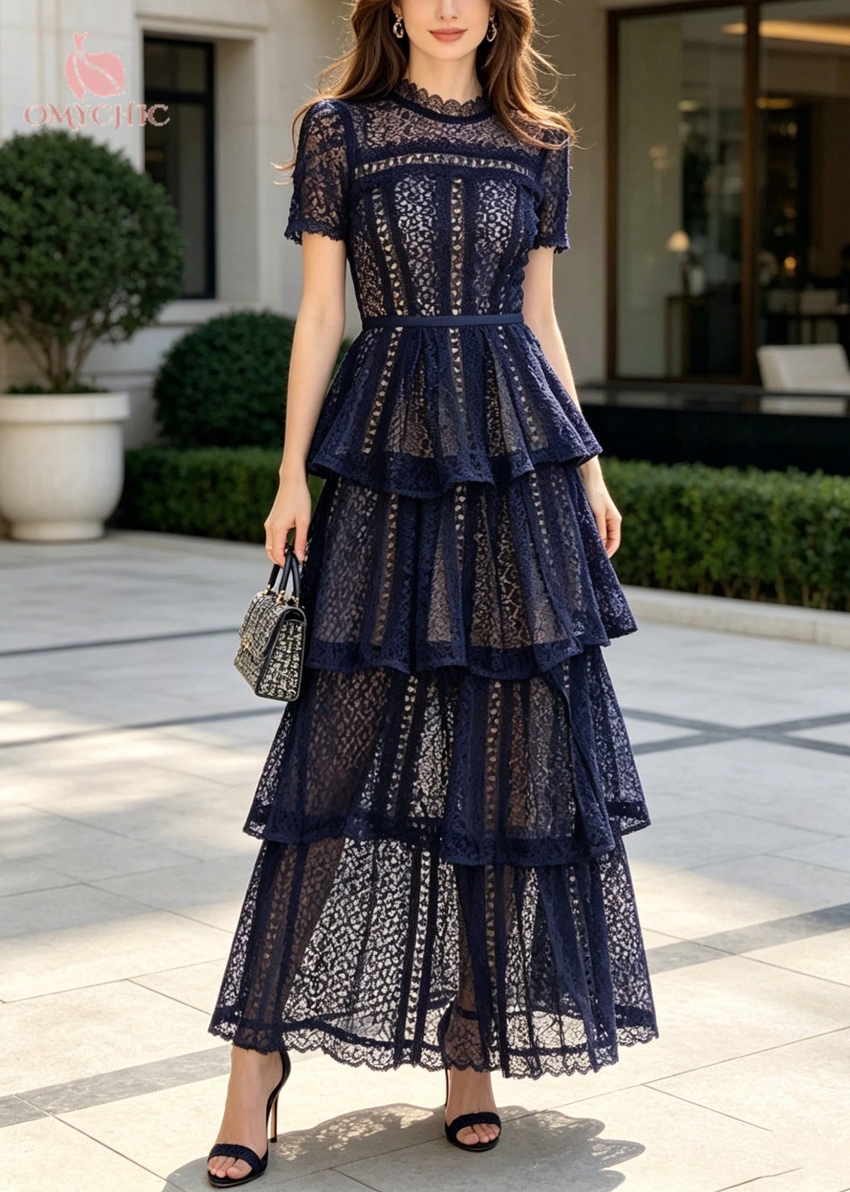 High Neck Scalloped Lace Short Sleeve Tiered Pleated Belted Floor-Length Gown
