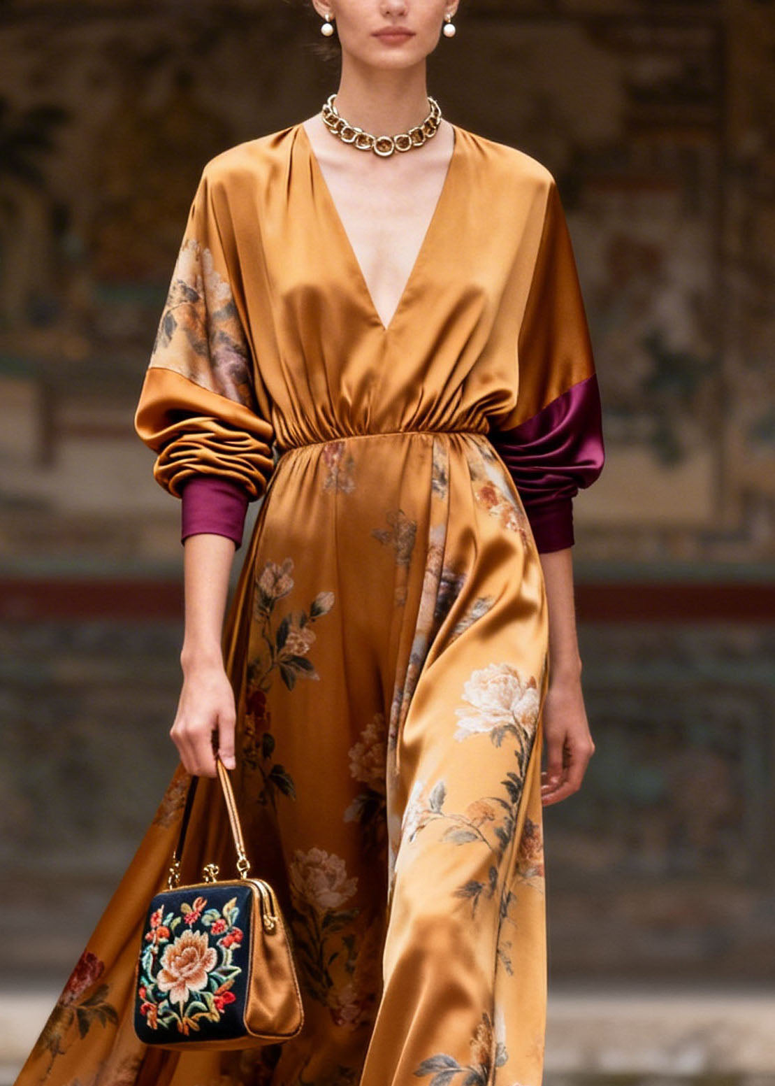 Deep V-Neck Print Patchwork Long Sleeve Maxi Dress 2