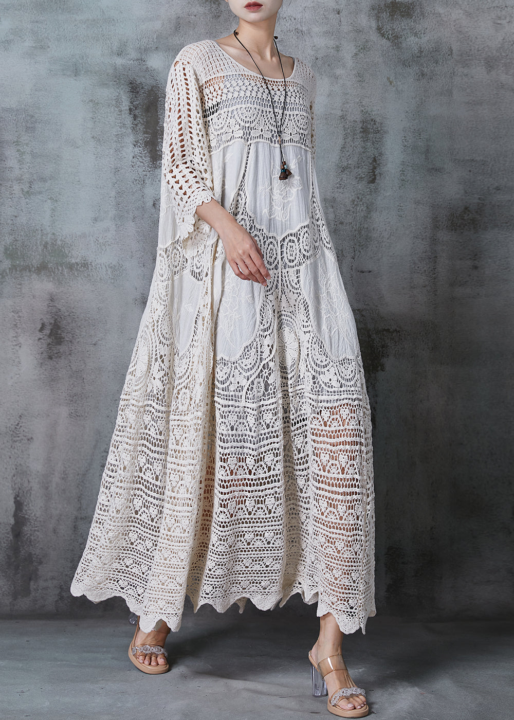 Scoop Neck Three Quarter Sleeve Crochet Lace Panel Tiered Maxi Dress