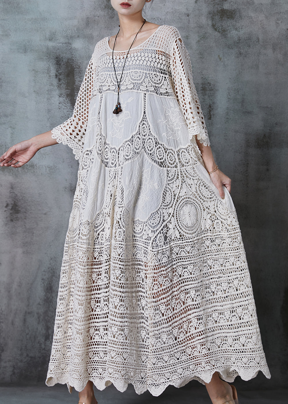 Scoop Neck Three Quarter Sleeve Crochet Lace Panel Tiered Maxi Dress 2