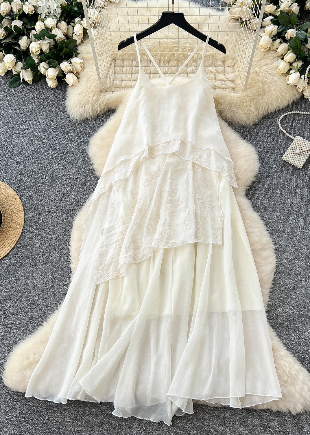 Spaghetti Strap Criss Cross Back Asymmetric Lace Tiered Maxi Dress