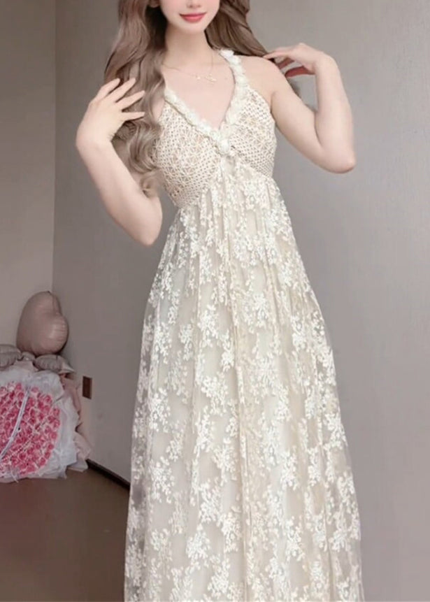 Deep V Halter Crochet Bodice Floral Lace Overlay A Line Maxi Gown 2