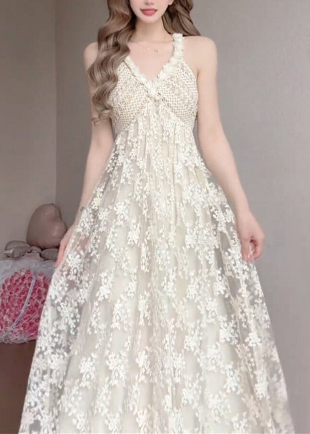 Deep V Halter Crochet Bodice Floral Lace Overlay A Line Maxi Gown 3