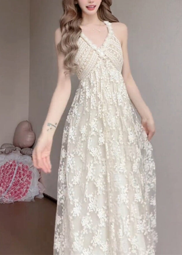 Deep V Halter Crochet Bodice Floral Lace Overlay A Line Maxi Gown 5
