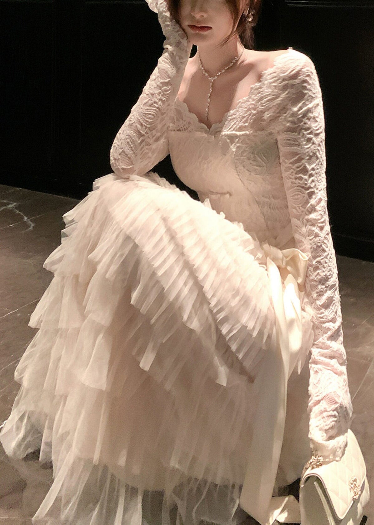 Scallop Lace Bow Neck Long Sleeve Tiered Tulle Satin Sash Maxi Gown 2