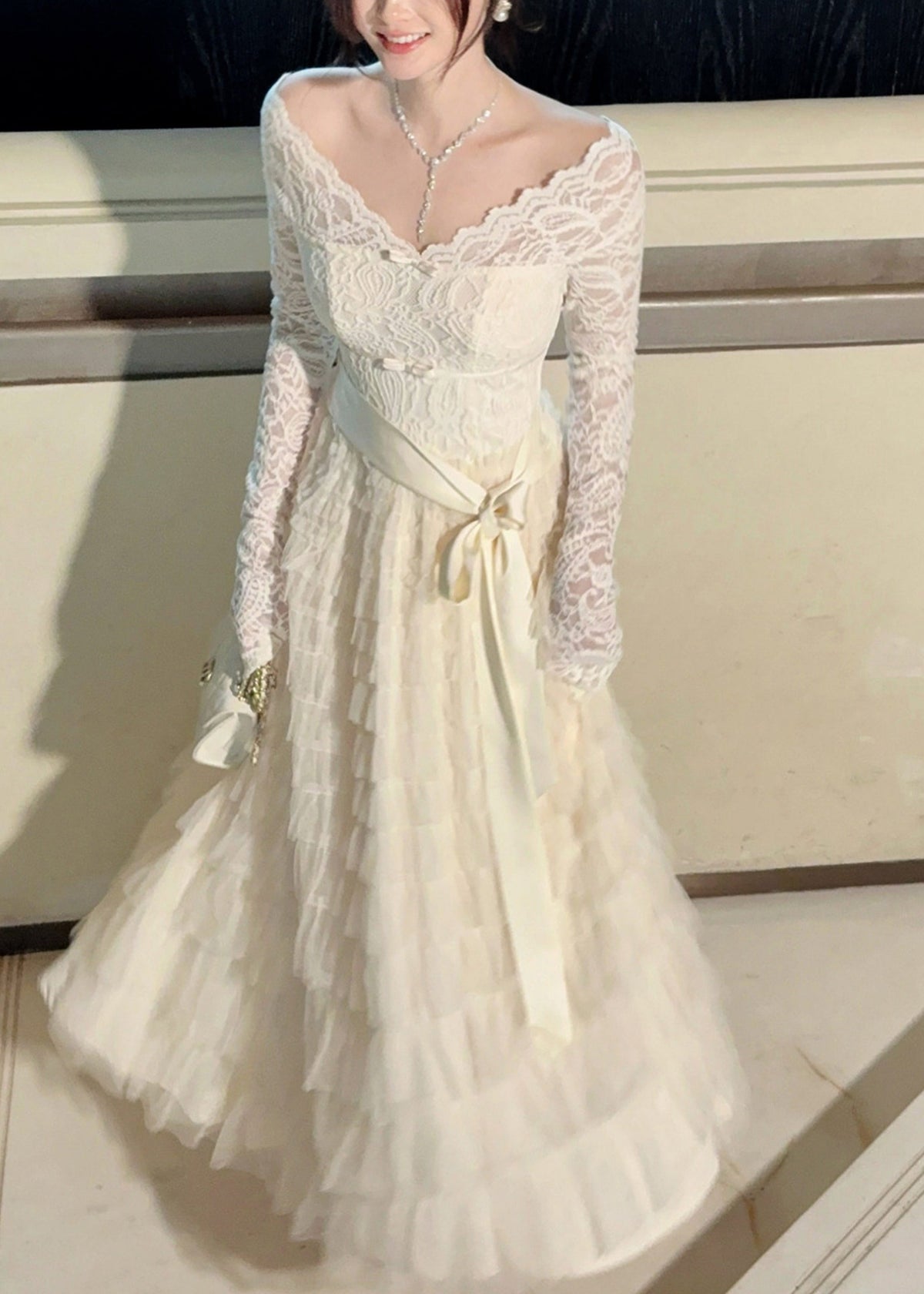 Scallop Lace Bow Neck Long Sleeve Tiered Tulle Satin Sash Maxi Gown 3