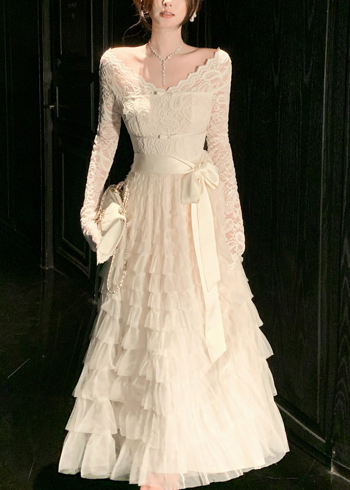 Scallop Lace Bow Neck Long Sleeve Tiered Tulle Satin Sash Maxi Gown 5