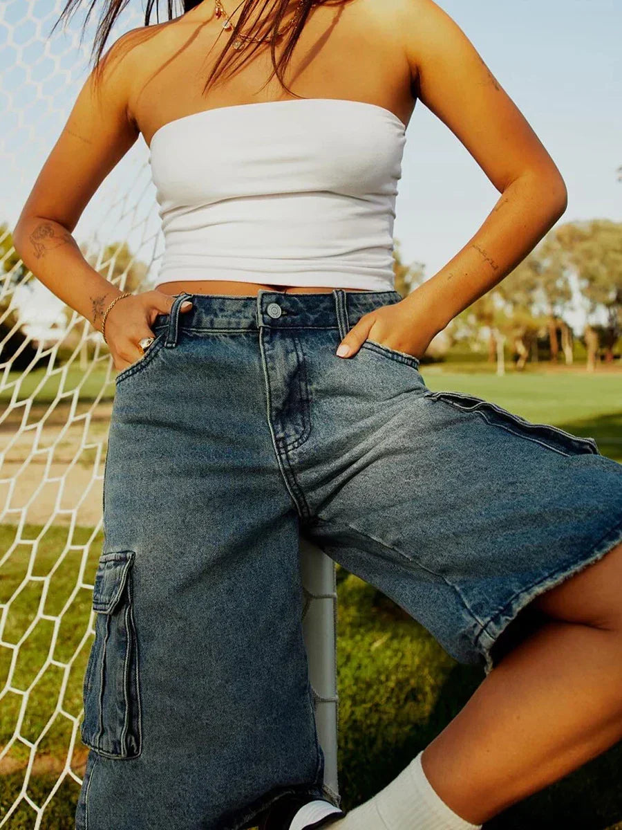 Denim Cargo Wide Leg Knee Length Shorts