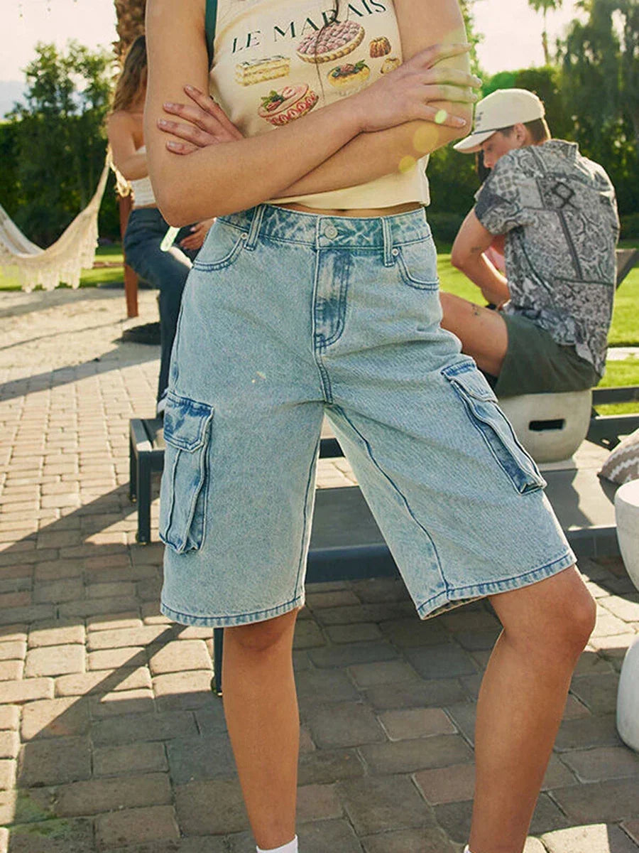 Denim Cargo Wide Leg Knee Length Shorts