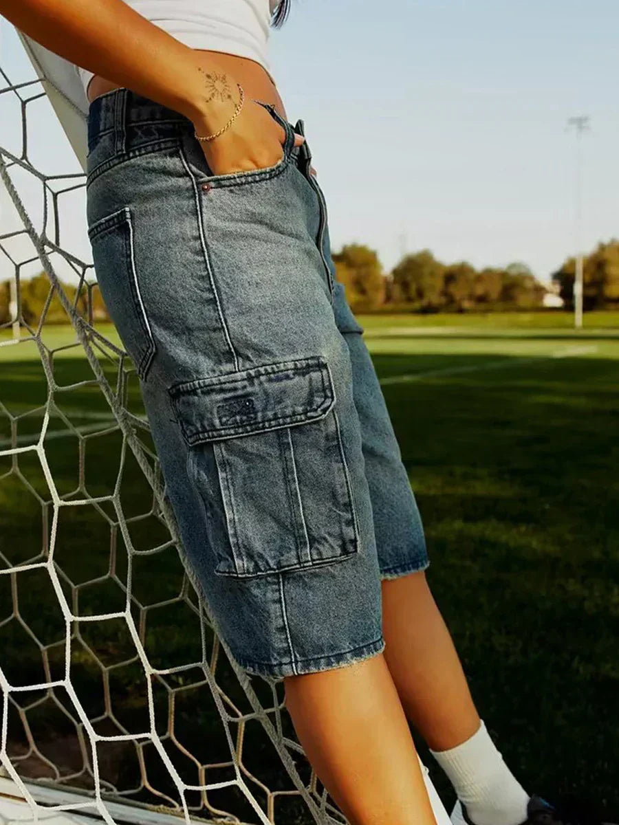 Denim Cargo Wide Leg Knee Length Shorts