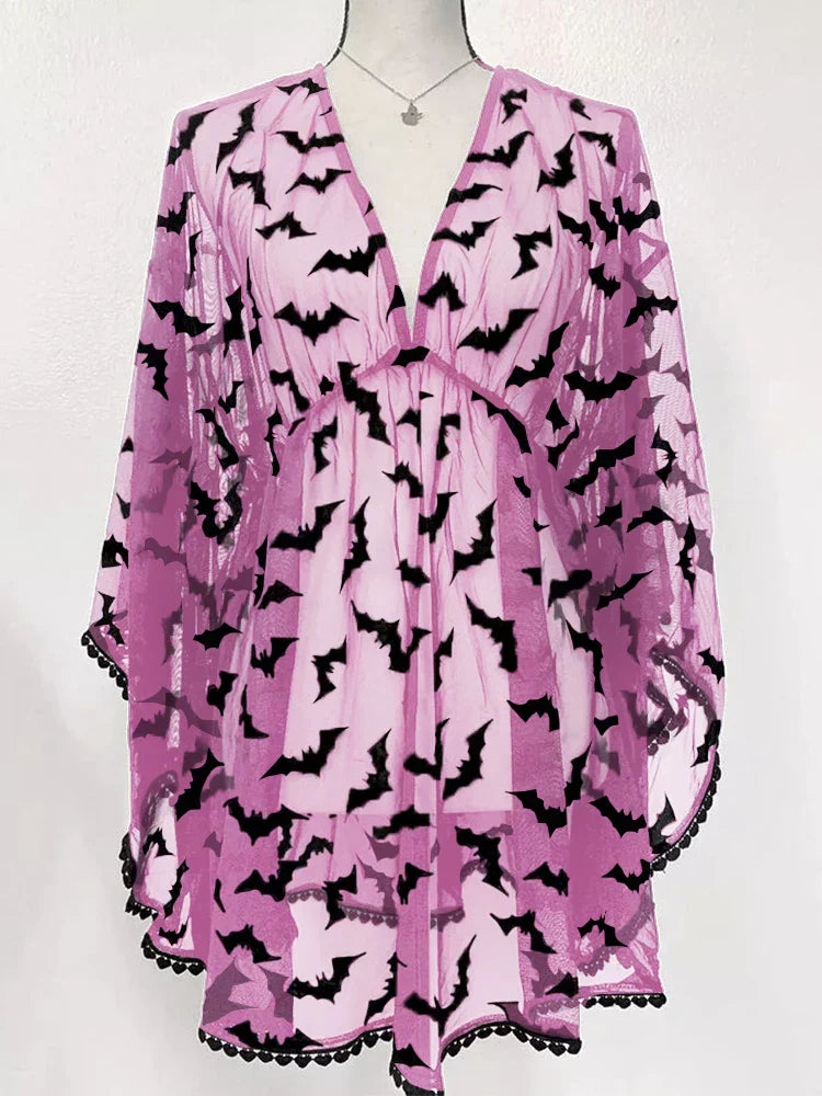 Bat Print Sheer Chiffon Wing Detail V-Neck Loose Mini Dress 3