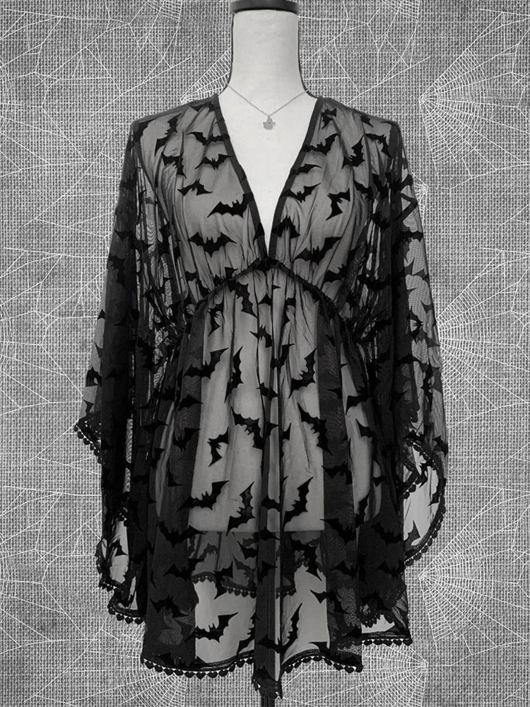 Bat Print Sheer Chiffon Wing Detail V-Neck Loose Mini Dress 2