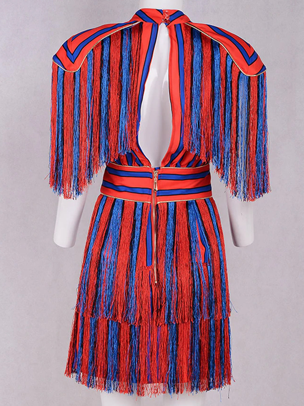 Mandarin Collar Epaulette Fringe Tiered Stripe Shag Mini Dress 6