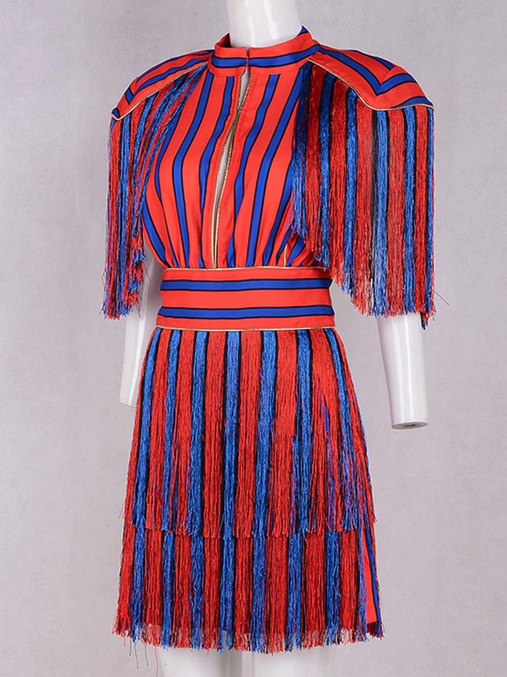 Mandarin Collar Epaulette Fringe Tiered Stripe Shag Mini Dress 7
