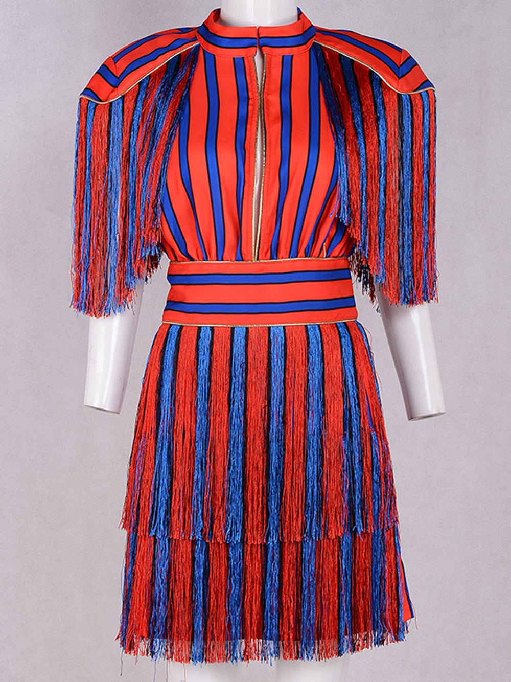 Mandarin Collar Epaulette Fringe Tiered Stripe Shag Mini Dress 5