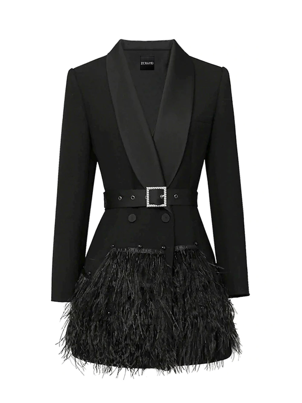 Shawl Lapel Long Sleeve Crystal Buckle Belt Feather Trim Blazer Mini Dress 8