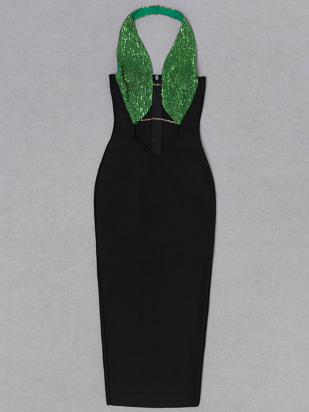 Halter Neck Chain Link Leaf Sequin Midriff Cutout Bodycon Maxi Gown 4