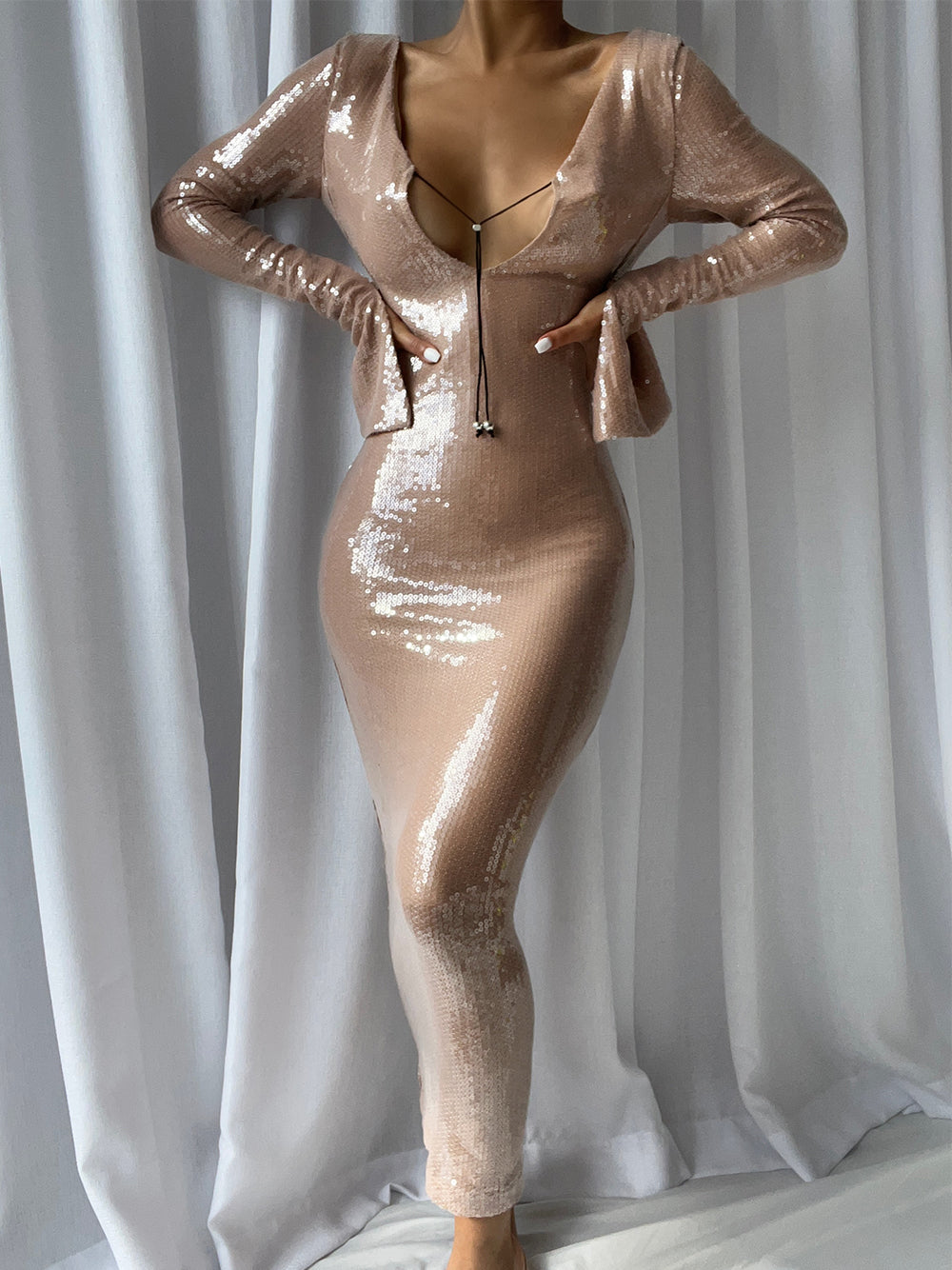 Plunging V Neck Cord Hardware Sequin Long Sleeve Maxi Dress