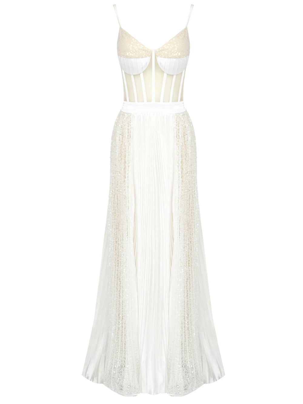 Spaghetti Strap Corset Mesh Panel Sequin Pleated Maxi Gown