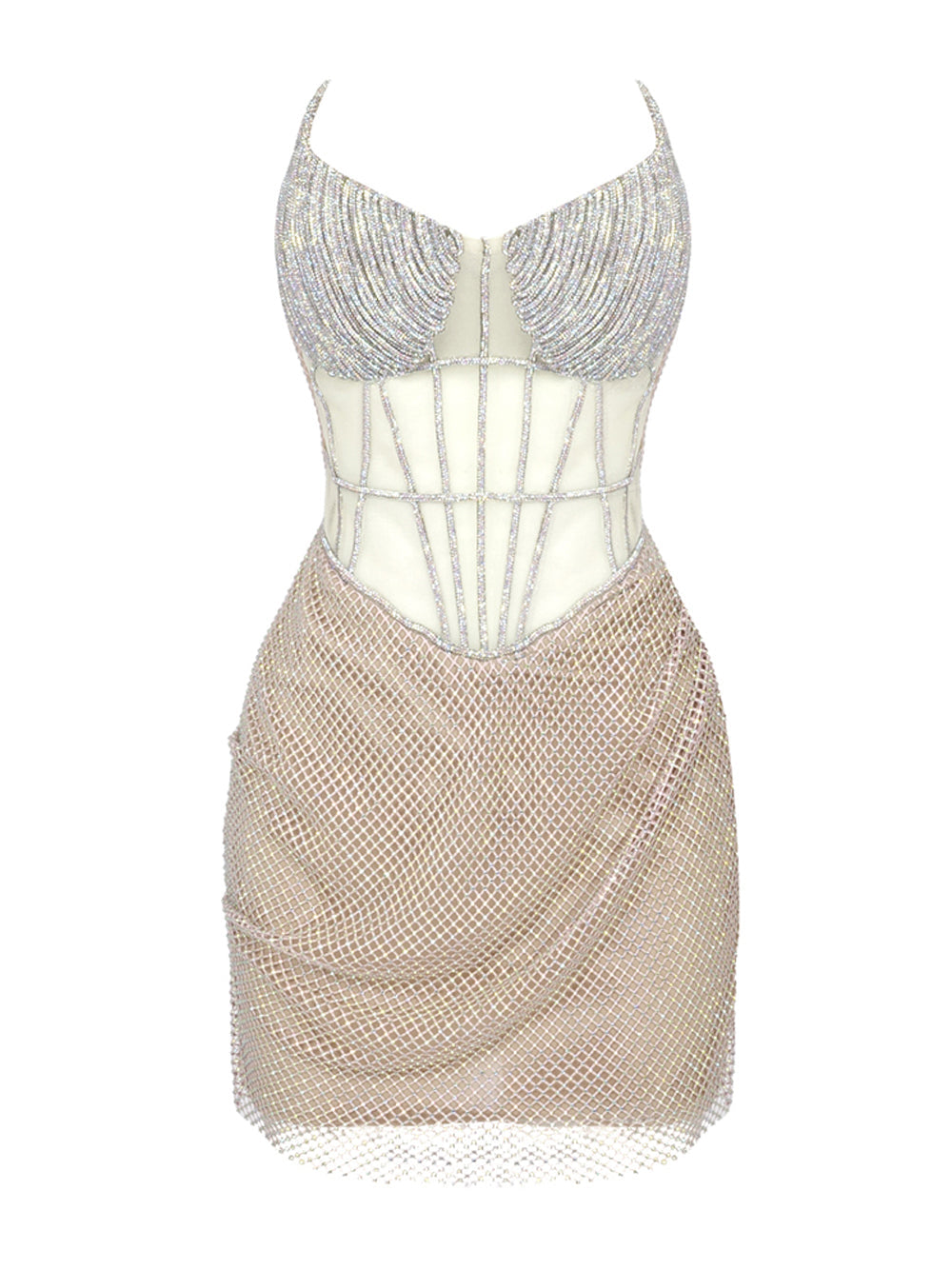 Sweetheart Corset Cage Boned Rhinestone Draped Mesh Mini Dress