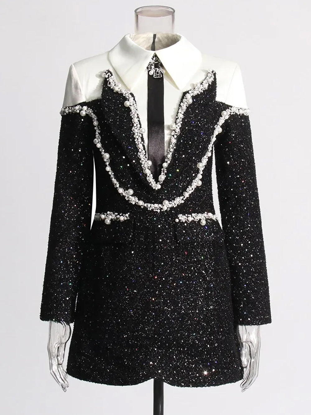 Pearl Trim Contrast Collar Sequin Tweed Blazer Mini Dress 7