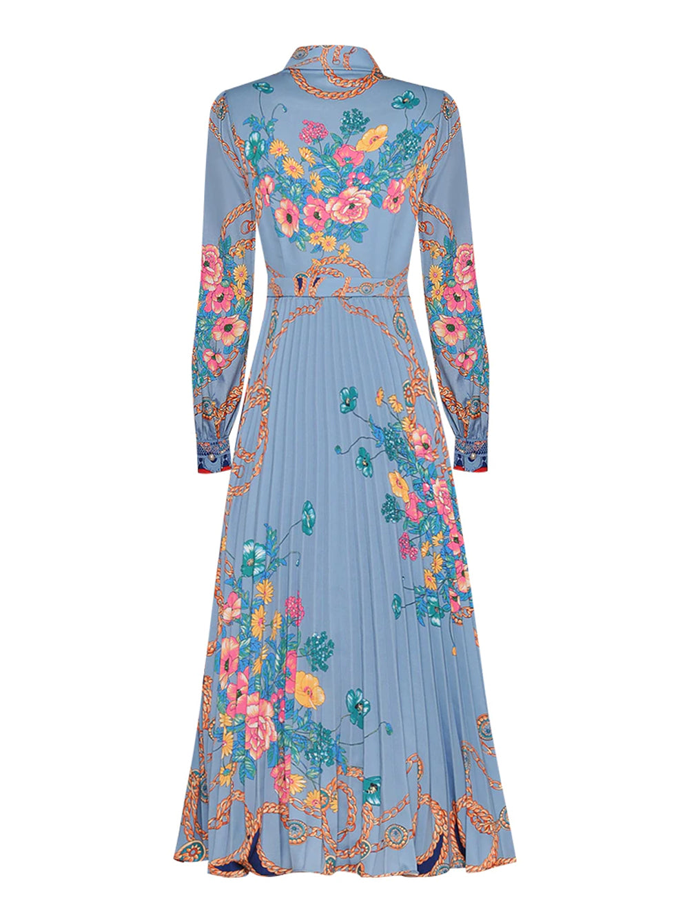 Bow Neck Lace Pearl Trim Accordion Pleat Chain Floral Maxi Dress 2