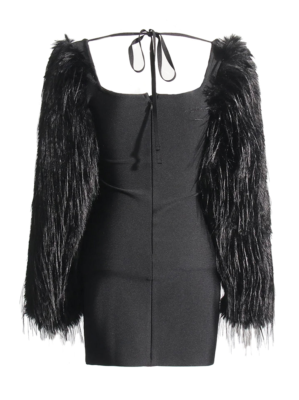 Halter Rhinestone Bust Triangle Cutout Faux Fur Sleeve Mini Dress 2