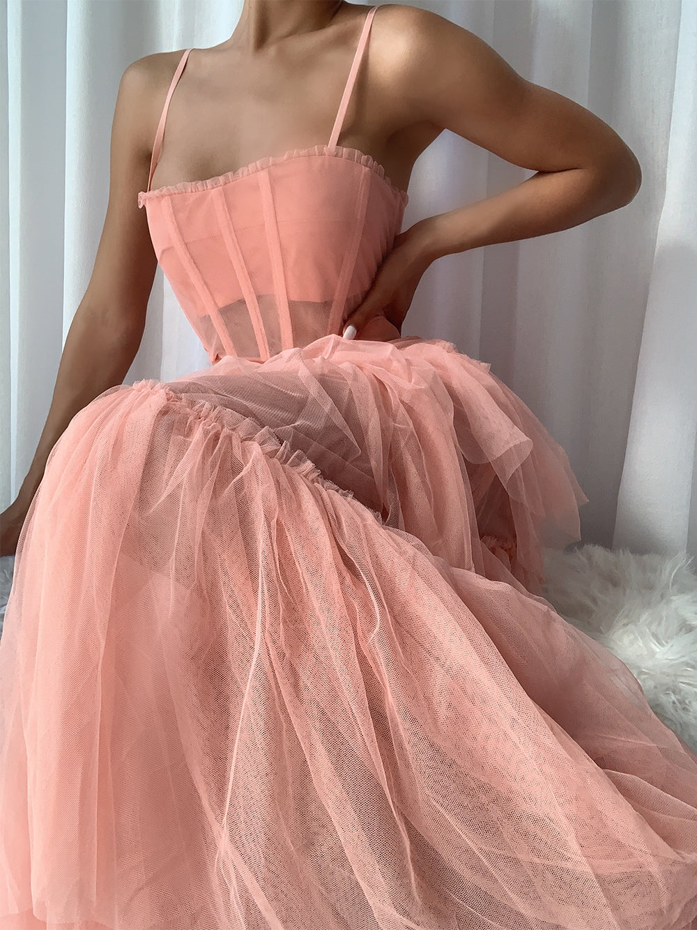 Spaghetti Strap Corset Sweetheart Ruffle Trim Chevron Tiered Tulle Maxi Dress 5