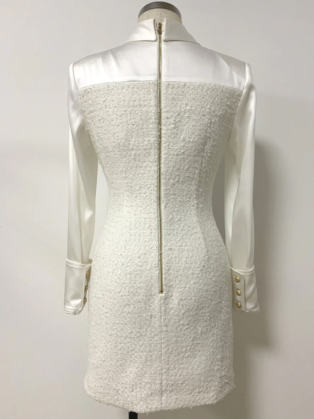 Pointed Collar Tweed Panel Satin Button Front Bodycon Mini Dress 5
