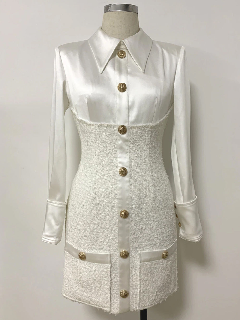 Pointed Collar Tweed Panel Satin Button Front Bodycon Mini Dress 4