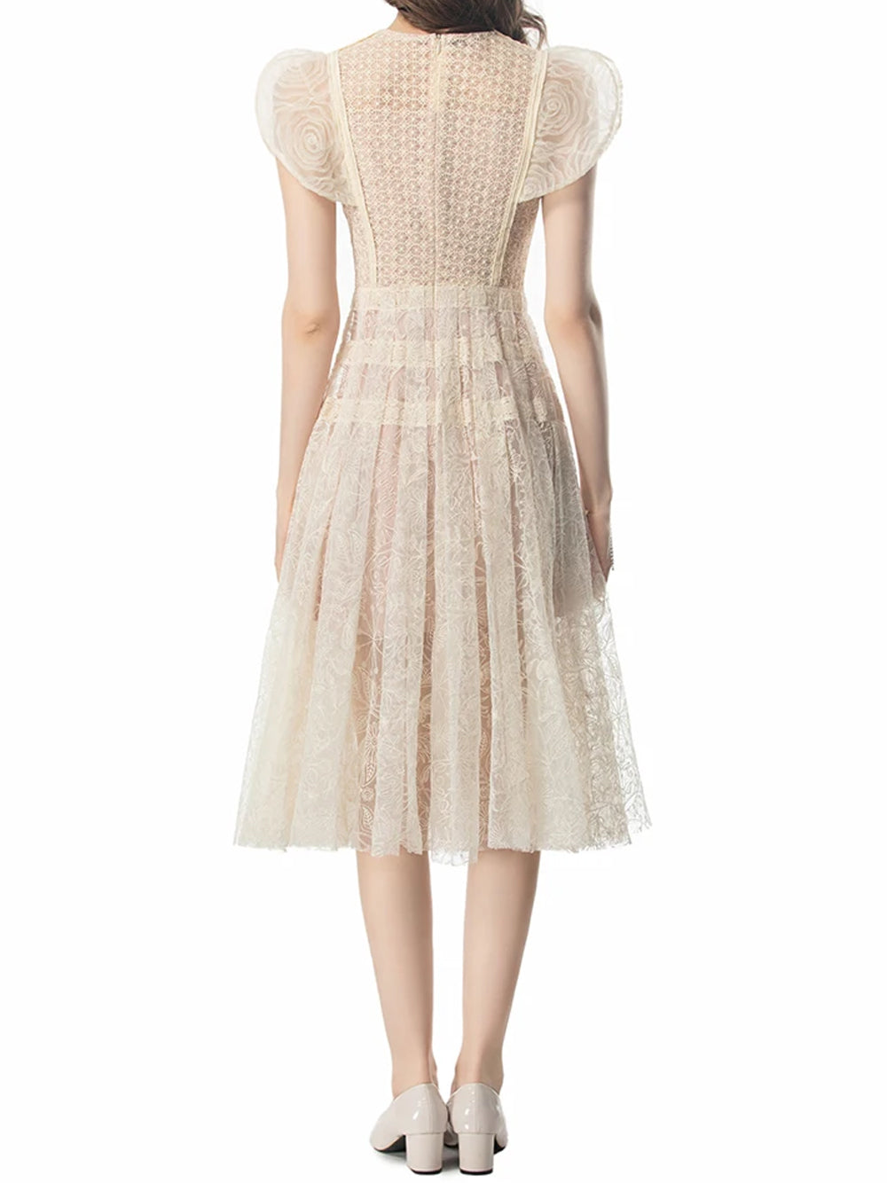 Crew Neck Puff Sleeve Floral Crochet Applique Lace Tiered Midi Dress 5