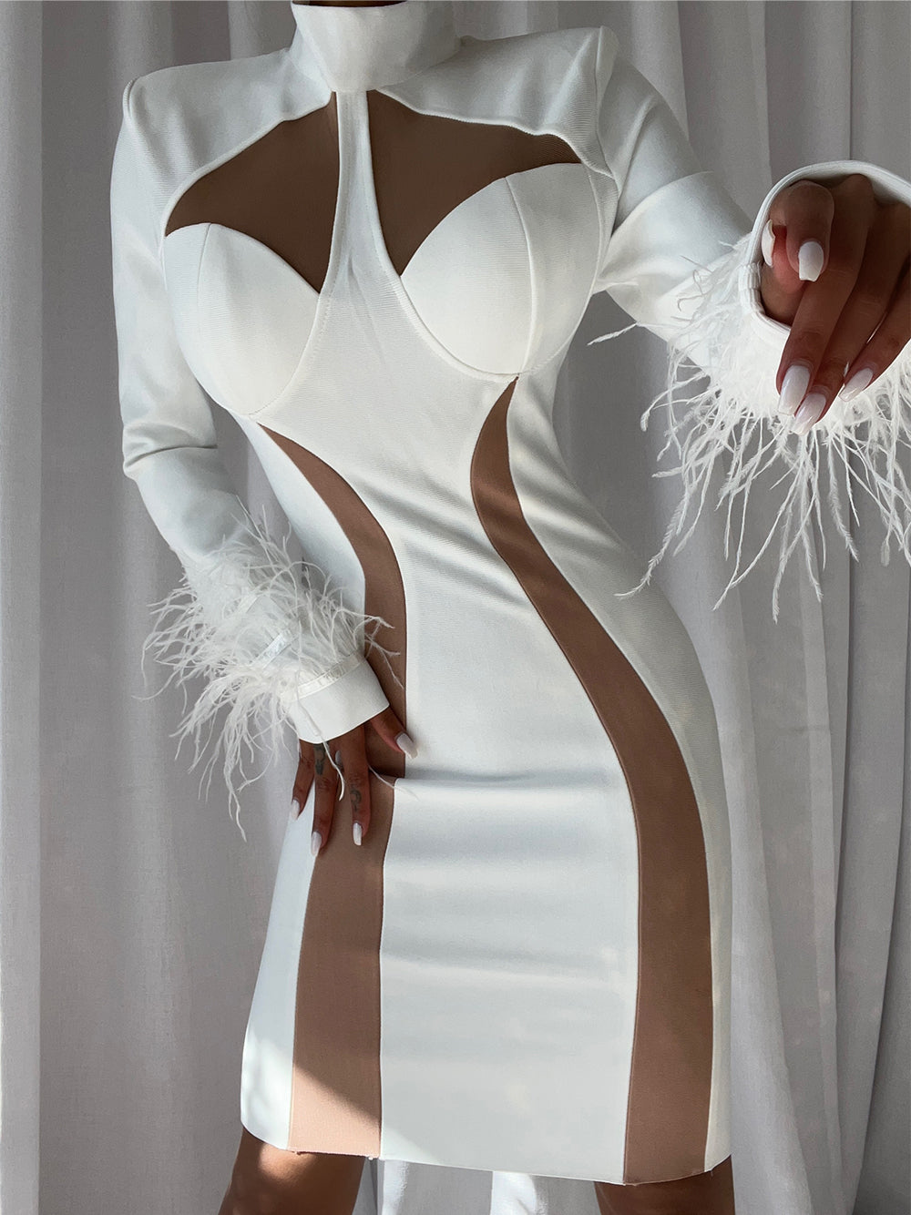 Mock Neck Cutout Long Sleeve Feather Cuff Mesh Panel Bodycon Mini Dress